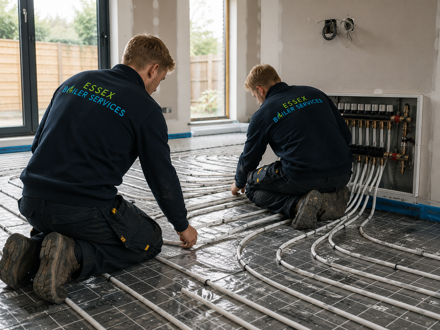 Heating engineer installing underfloor heating and smart heating controls in Essex home
